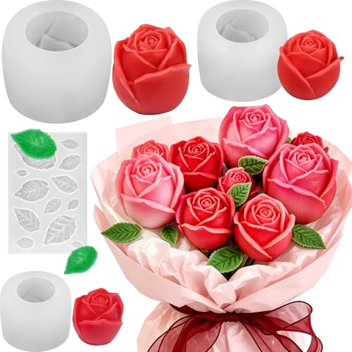 ZQYSING 4 Pack Rose Candle Molds with Leaf Mold, Set of Large + Medium + Small 3D Rose Flower Silicone Molds for Candles Making Epoxy Resin Casting Handmade Soap Clay Plaster Home Décor Mom Gift