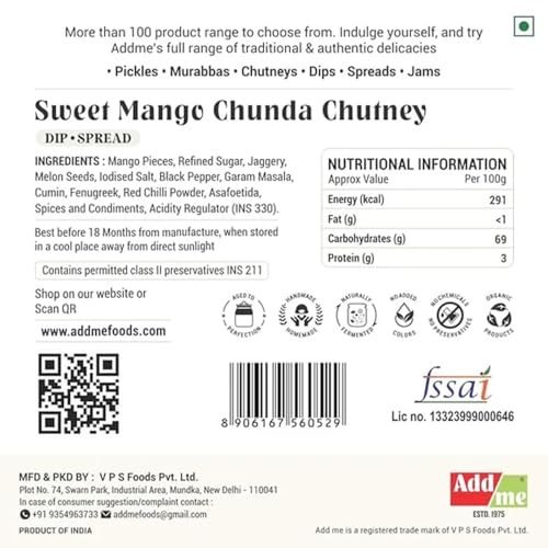 Image of Add me Sweet Mango Chutney with Jeera 350gm | Natural & Fresh Chunda khatta meetha Pickle | sweet pickle Mango jam Glass Jar