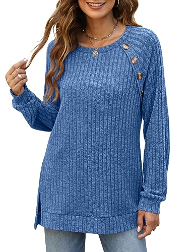 Image of Bofell Long Sleeve Shirts for Women Lightweight Button Decor Tunic Tops Side Split