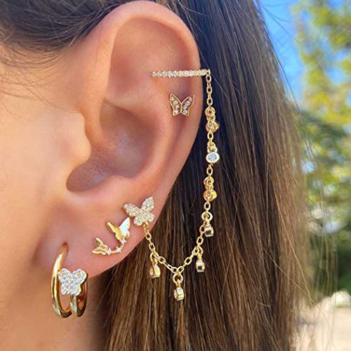 Haloty Boho Butterfly Crystal Earring Set Cute Hoop Stud Non Piercing Earrings Hoop Ear Cuffs Huggie Cartilage Earrings Jewelry Sparkling Dangle Ear Accessories for Women and Girls?Pack of 4?