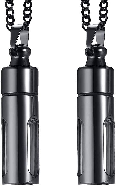 MEALGUET Pack of 2 Stainless Steel Glass Container Vial Tube Cremation Urn Ashes Pendant Necklace for Men Women,24" Chain Black,Keepsake Memorial Pendant Necklace