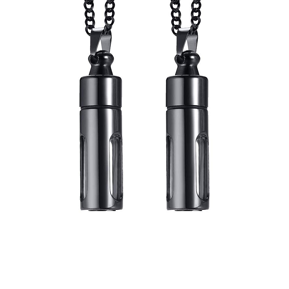 MEALGUET Pack of 2 Stainless Steel Glass Container Vial Tube Cremation Urn Ashes Pendant Necklace for Men Women,24" Chain Black,Keepsake Memorial Pendant Necklace