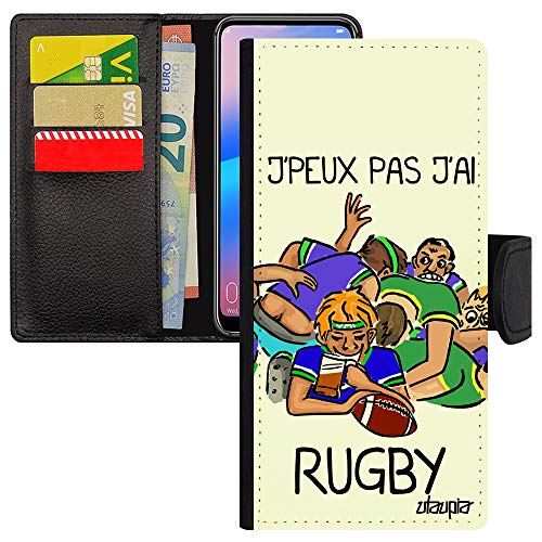 Coque iPhone 12 Pro Max étui portefeuille en cuir blanc avec motif rugby humoristique
