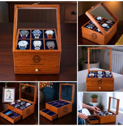 Image of Luxury Wooden Watch Display Box with Glass Top, 6-Slot Storage Case with Accessories Drawer, Dark Brown