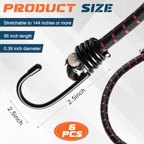 Image of 6 Pcs 96 Inch Extra Long Bungee Cords with Hooks 0.39 Inch Thick Heavy Duty Bungee Straps for Outdoors, Camping, Rvs, Bikes, Cargo (Black+red)