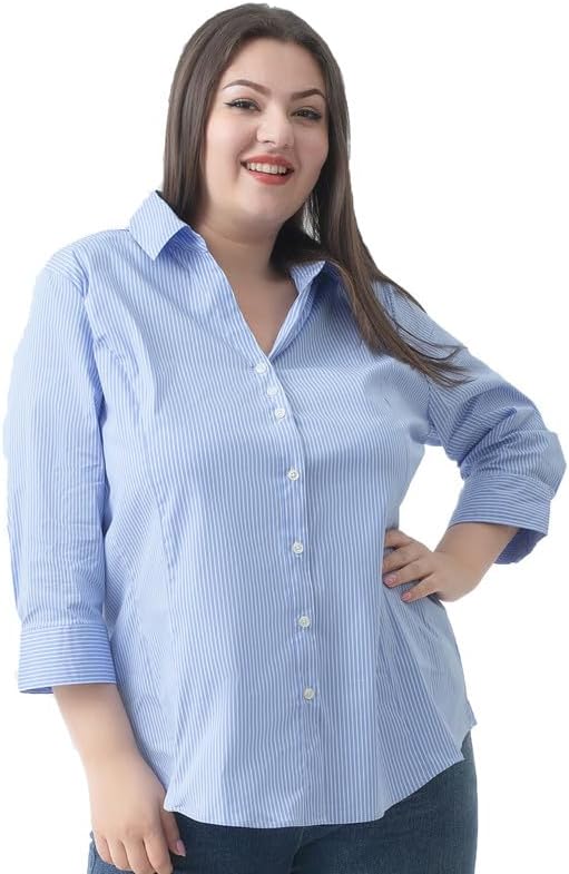 Plus Size 3/4 Sleeve Shirts for Women Button Down Shirts V Neck Women Blouses Tops Business Casual Stretch Shirts