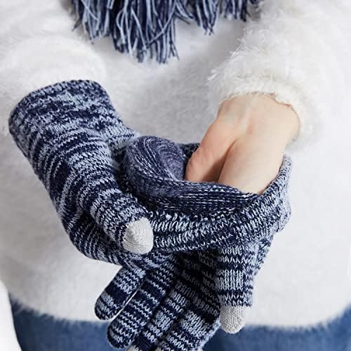 Lantra Besa Womens Hat Scarf and Gloves Set Ladies Knitted Cold Weather Set Thmernal Fleece Lined Winter Warm in Navy Blue Gray 66