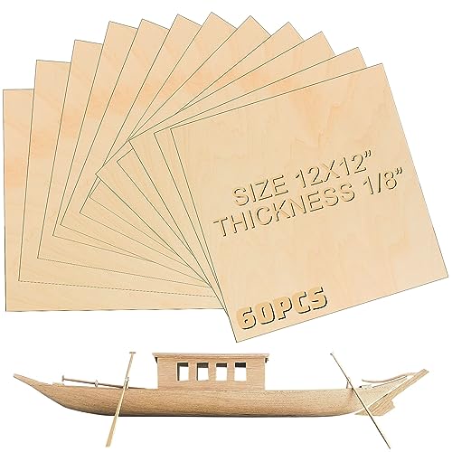 Kigley 60 Pack Basswood Sheets 12\"x12\"x1/8\", 3mm Thick Unfinished Square Wood Board for Crafts, DIY Architectural Models Making, Painting, Mini House Cut Out