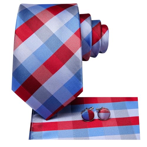Image of Hi-Tie Mens Plaid Ties Classic Paisley Necktie with Handkerchief Cufflinks Set Business Stripe Tie