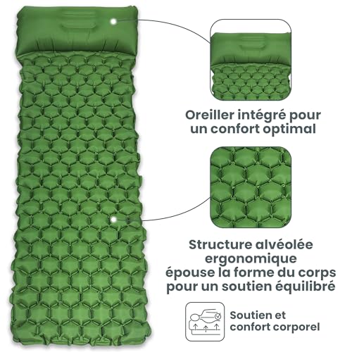 Feyo Matelas Gonflable 1 Place avec Tapis de Sol – Matelas Camping Léger et Compact pour Bivouac, Tente ou Voiture – Matelas de Camping 1 Personne Confortable avec Oreiller Intégré et Double Valve – Image 4