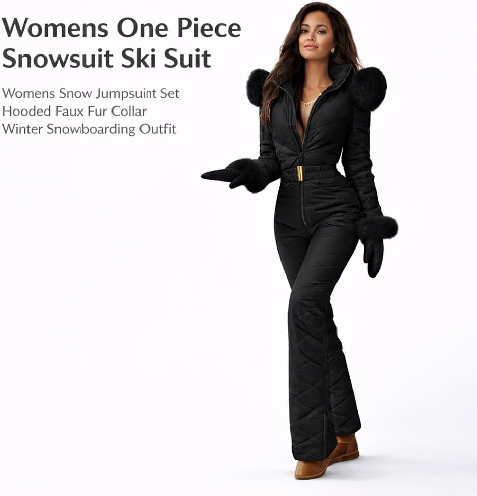 Womens One Piece Snowsuit Ski Suit, Womens Snow Jumpsuit Set, Hooded Faux Fur Collar Winter Snowboarding Outfit