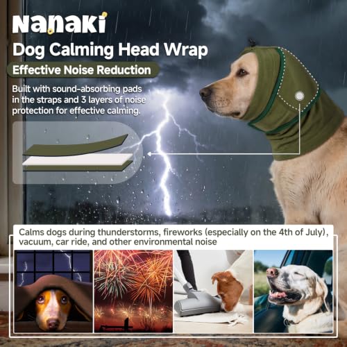 Image of Nanaki Dog Ear Muffs for Fireworks & Thunderstorm, Dog Ear Covers for Bath | Soft, Grooming, Head Wrap For Ear Hematoma for Vet Visit, Adjustable Quiet Ears for Dogs Noise Protection for Vacuum, Green L