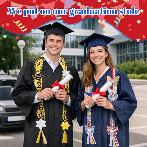 Image of Class of 2026 Philippines Graduation Leis,Double Gold Graduation Lei Ribbon with Butterfly and Pins Accessories,Flowers Congrats Graduates Money Lei Handmade Graduation Gift for Her College
