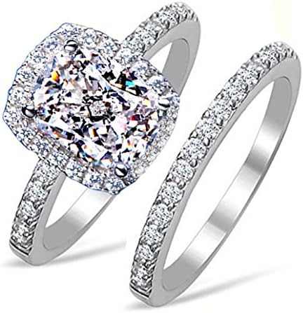 Supreme 101 Facets 2 Carat Rectangular Cushion Cut NSCD Simulated Diamond Ring Band Set Solid 925 Silver Halo Design