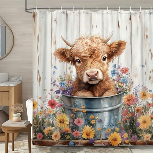 JAWO Cow Shower Curtain, Farmhouse Rustic Floral Funny Highland Cow Shower Curtains for Bathroom, Western Cute Calf Country Farm Animal Bathroom Decor, with Hooks, Surreal Bathroom Curtain, 70X70IN