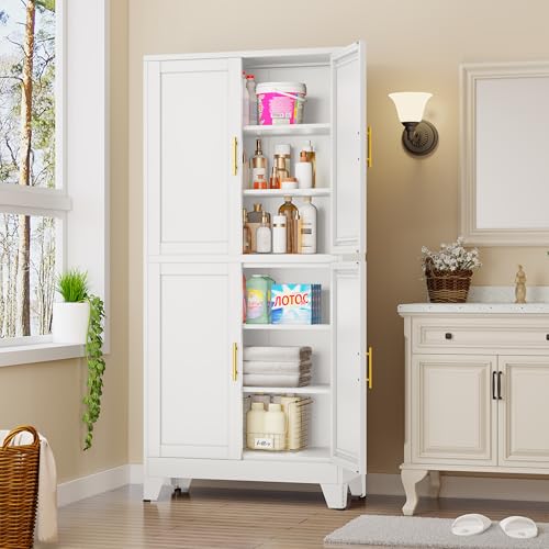 Image of 75 inch Tall Kitchen Pantry Cabinet, White Metal Pantry Storage | Storage Cabinet with Doors and 3 Adjustable Shelves, Steel Storage, Bathroom cabinets Organizer, Cupboard for Home, Office