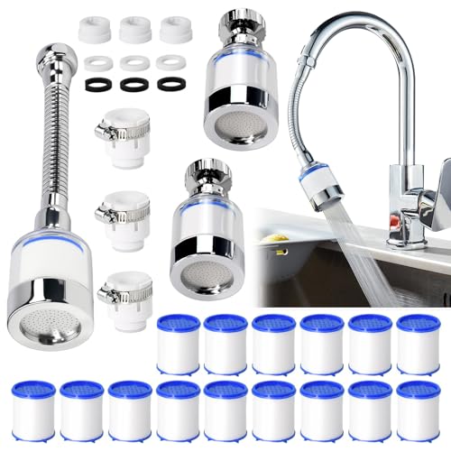 3 Stück Wasserfilter Wasserhahn Transparenter, 360° Wasserhahn Filter mit 15 Stück PP-Baumwollfilterelement 3...