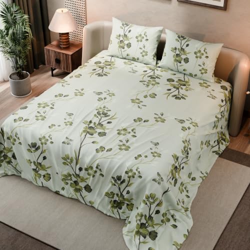 Image of BLISSHOME SoftTouch 140TC Cotton King Size Printed Bedsheet with 2 Pillow Covers for Double Bed, Silky Smooth Bedding Set, Breathable, Easy Maintain, Floral Print - Green