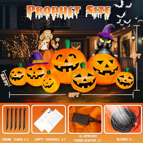 Image of 8 FT Long Halloween Inflatables Pumpkin Outdoor Decorations, 7 Pumpkins Outside Decoration with Black Cat with Build-in LEDs Blow Up Inflatables for Party Yard Lawn Garden Decor