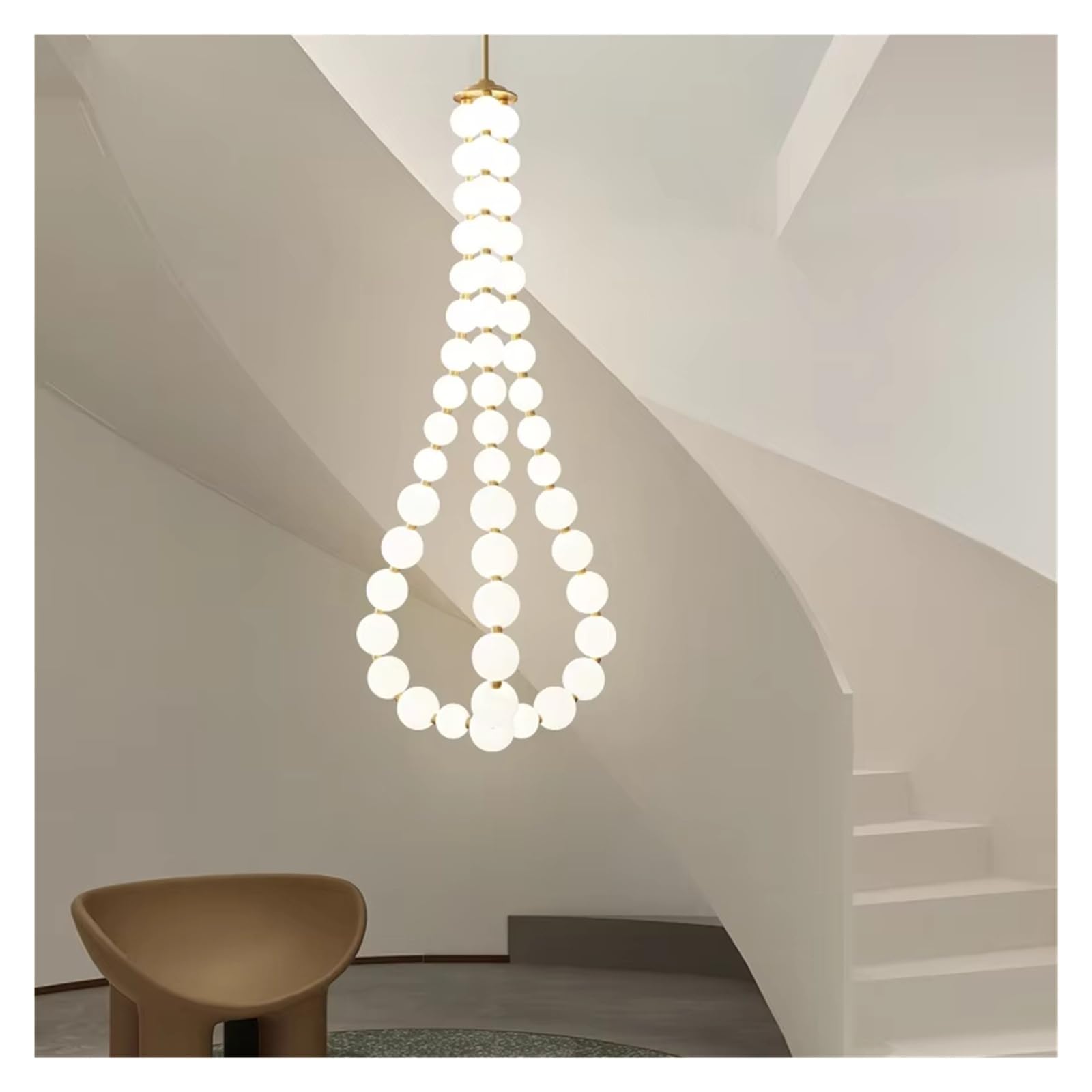ASerZenith Nordic Copper Chandelier Simple Modern Led Long Strip Round Ball Pearl Pendent Light Home Decoration Staircase Hanging Lamp,Warm Light-D60Cm