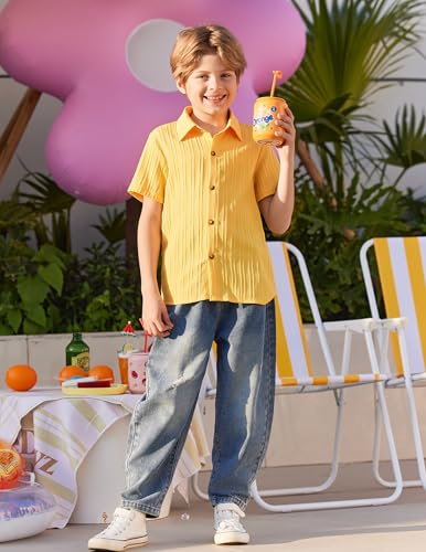 Image of Arshiner Boys Short Sleeve Button Down Shirt Kids Summer Shirt Yellow 10-11 Years