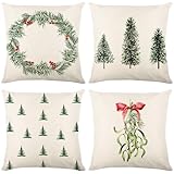 4er Set Kissenbezug Weihnachten - 45x45 Weihnachtsdeko Outdoor Innen Weihnachtskissen, Leinen Kissen Weihnachten Weinachtsdekorationen, Kissenbezüge Weihnachte für Aussen Couch Wohnzimmer Garten Room