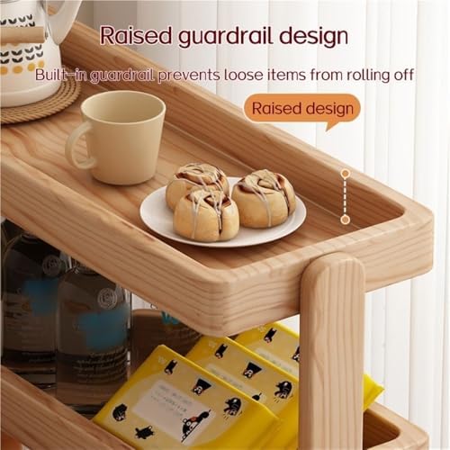 Vintage Rolling Storage Cart, 4-Tier Solid Pine Side Table with Lockable Wheels, Space Saving Moveable Snack Shelf for Living Room, Apartment, Brown, 15.7 Inch