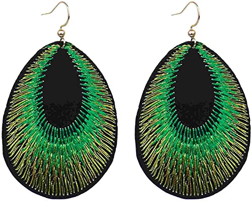 Boucles d'oreilles en plumes de paon ethniques brodées Bohême Boucles d'oreilles pendantes de paon faites à la main bijoux cadeau pour femmes et filles,vert...