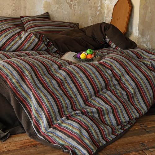 Image of EAVD Retro Striped Duvet Cover Set King Soft 100% Cotton Muslin Bohemian Colorful Vertical Striped Bedding Set with 2 Pillowcases Rustic Farmhouse Style Geometric Pattern Duvet Cover with Zipper