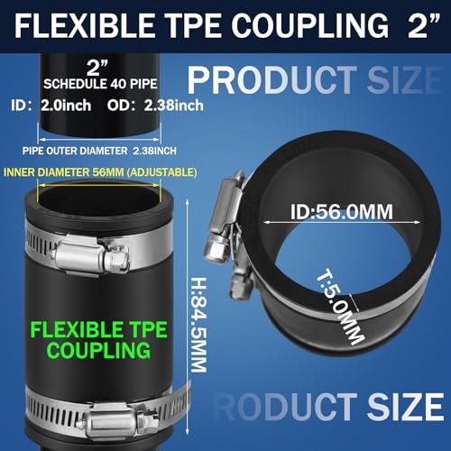Image of Pangda 2 Pcs Flexible TPE Coupling with Stainless Steel Clamps 2 Inch | Flexible TPE Coupling, Fits Plastic and Copper Plumbing Connections, High Temperature Resistant Material