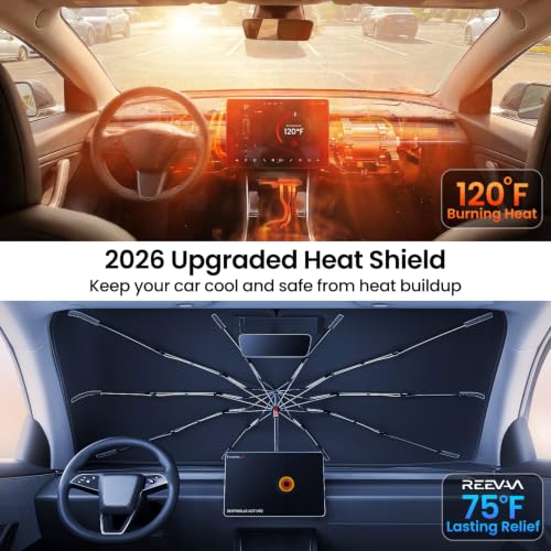 REEVAA 2026 Upgraded Windshield Sun Shade Umbrella [100% Sun Protection & Keep Cool] Protect Interior, 360° Flex Handle Sun Shield Sunshade for Pickup Truck & Full SUV, L(64" L x 32'' W) — view 2