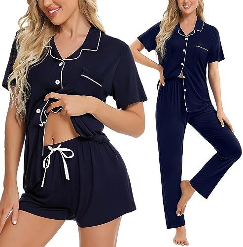 Image of SWOMOG Womens 3pcs Button Down Pajamas Set Short Sleeve Sleepwear Bride Pj Lounge Set with Long Pants
