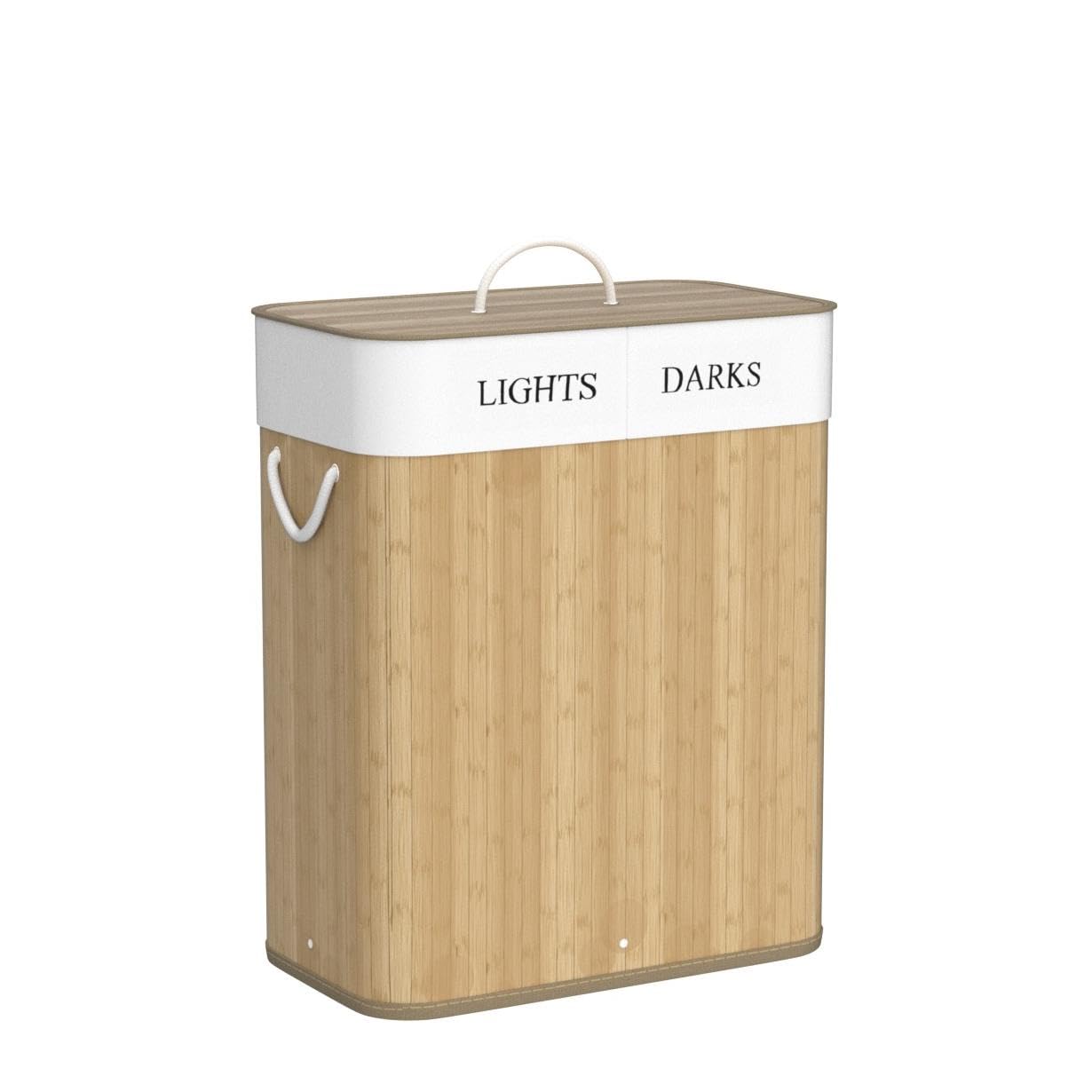 Juskys Cesto da bucato in bambù Curly 100 litri naturale - Cestino da biancheria con coperchio, maniglia e 2 scomparti - Borsa per bucato in tessuto Cestino da biancheria rimovibile e lavabile