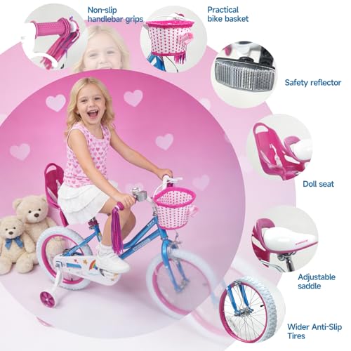 Image of WinHope Girls Bike, 12-18 Inch Children's Bicycle for 2-9 Years Old, Beginner Kids Bike with Training Wheels, Doll Seat & Basket,Streamers for Outdoor Riding, Multiple Colors