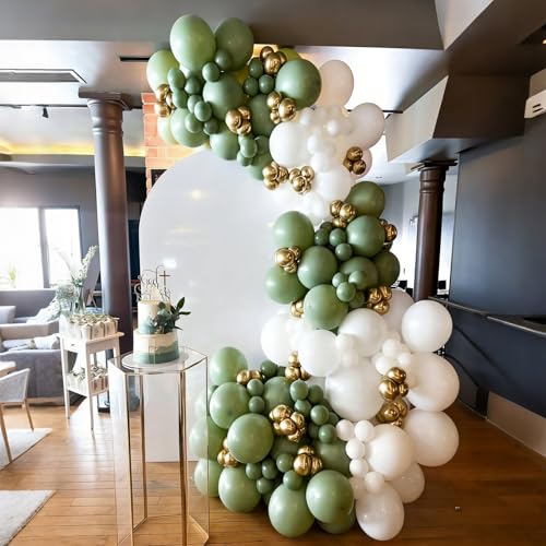 Image of Lukiituke Sage Green and Gold Balloon Arch Kit, 134Pcs Sage Green Balloons | 4 Sizes Birthday Balloons for Baby Shower, Wedding, Bridal Party Decorations
