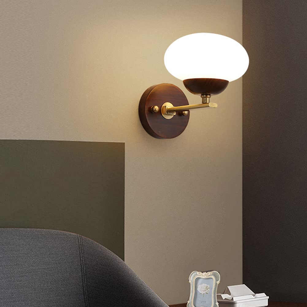 Applique à LED en bois Applique d'intérieur moderne avec abat-jour en verre Lampe de chevet de chambre créative avec support en laiton Lampe décorative Applique murale pour couloir de salon