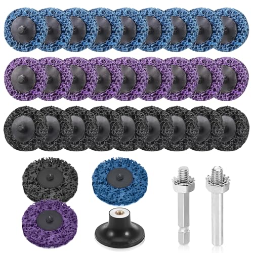 Disco abrasivo CSD, 30 unidades, disco de limpieza grueso, 2 pulgadas, para taladro, disco de limpieza, juego con dos barras de tracción para eliminar el óxido o pulir, 3 colores