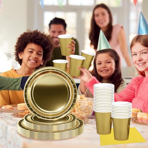 MORAINJAY 68Pcs Gold Party Tableware Set, Gold Paper Plates, Cups, Napkins, Birthday, Wedding, Christmas, Graduation, Anniversary, Table Decoration, Holiday Party Supplies - Image 3