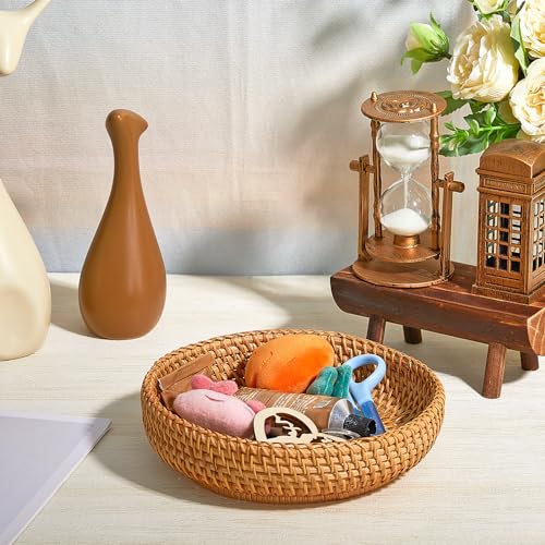 Hushee 6 Pcs Small Round Basket for Entryway Table Woven Wicker Key Bowl Basket Rattan Round Tray Organizing for Key Wallet Cell Phone Fruit Food Holder Decorative Table Storage (Brown) by Hushee - Image 2
