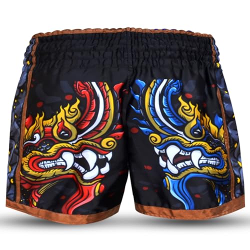 Vista trasera de los pantalones Muay Thai Buddha Retro con diseño de dragones en colores alternativos