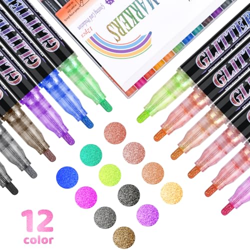 OLINGYOU Glitter Marker Pens,12 Colors Self-Shimmer Metallic Markers,Glitter Paint Pens DIY Crafts Greeting Birthday Cards, Making Poster,Album,Scrapbooking,Wood — view 2