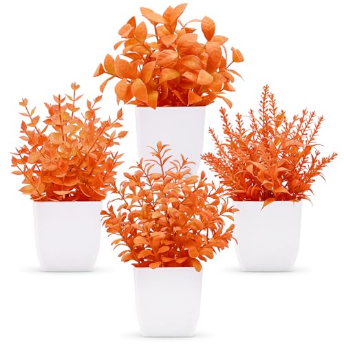 Der Rose 4 Pack Fall Fake Plants Mini Artificial Greenery Potted Plants Fall Decorations for Home Decor Indoor Office Table Room Farmhouse Bathroom Fall Decor Orange