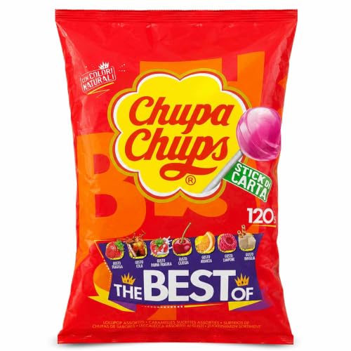 Caramelo Chupa Chups Original sabores Variados, Caramelo con palo de papel, Tamaño original, Apto para veganos, sin gluten, es completamente apto para celíacos, Contiene 1 bolsa de 120 unidades