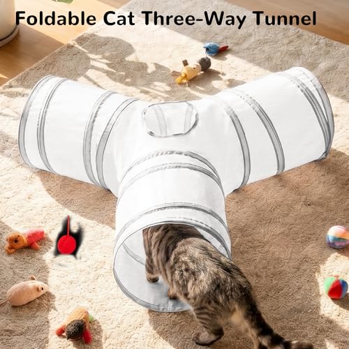 Image of Tempcore Cat Tunnel for Indoor Cats, 3 Way Collapsible Pet Play Tunnel with Teaser Wand, Peek Holes & Hanging Ball, Interactive Tube for Kittens & Rabbits, White & Light Grey