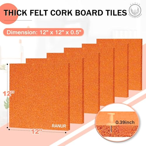 Image of RANUR 6 Pcs Felt Bulletin Board (30x30 cm) Self Adhesive Notice Boards with 50 Pins, Vision Board for Manifestation, Message Board for Notes, Photos, Office & Home Wall Decor (Orange)