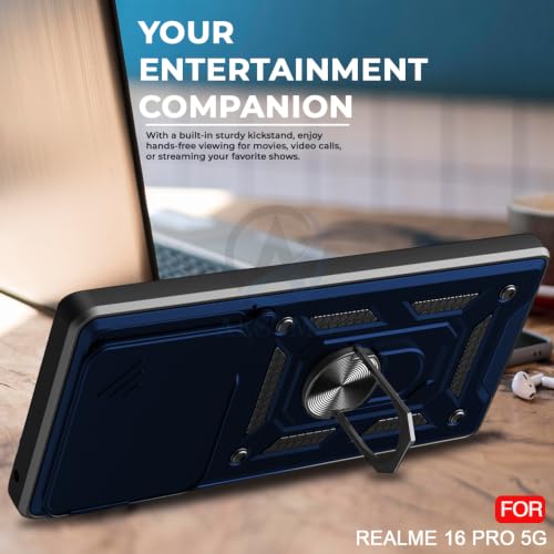 Image of AESTMO Tough Armor Realme 16 Pro 5G Bumper Back Case Cover | Ring Holder & Sliding Camera Shield Cover | 360 Degree Protection Back Case Cover for Realme 16 Pro 5G (Blue)