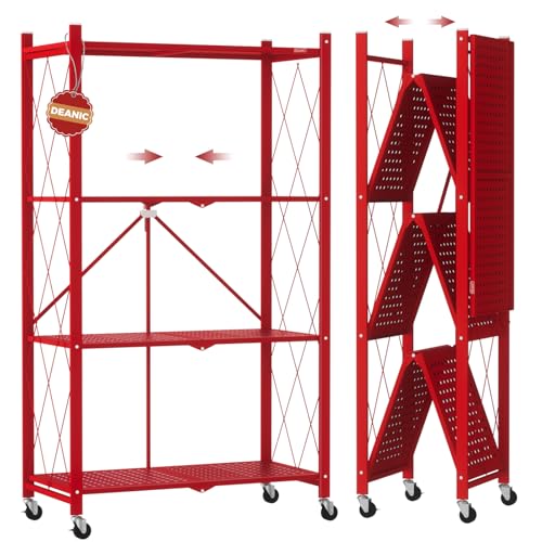 Image of DEANIC 4 Tier Foldable Storage Shelves with Wheels, Large Capacity Shelving Unit, Freestanding Metal Wire Shelf Rack, No Assembly Organizer Rack for Garage Kitchen, Basement(Red)