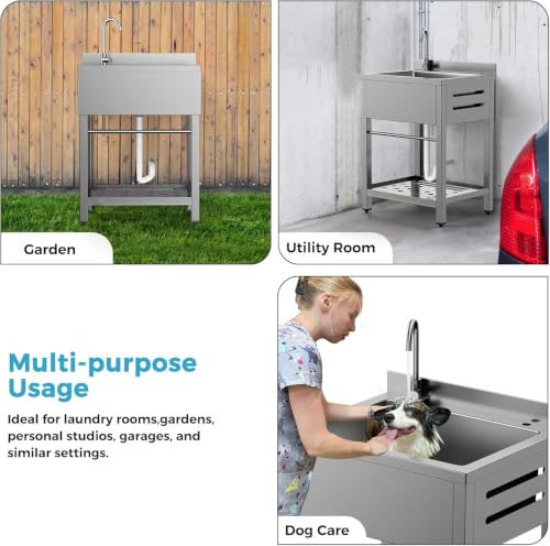 Image of Stainless Steel Utility Sink Freestanding Single Bowl Garage Sink | Shop Sink for Laundry Basement Garden Kitchen Outdoor, w /t Cold & Hot Water Lines, Rapid Drainage, 16 Gallon Large Capacity