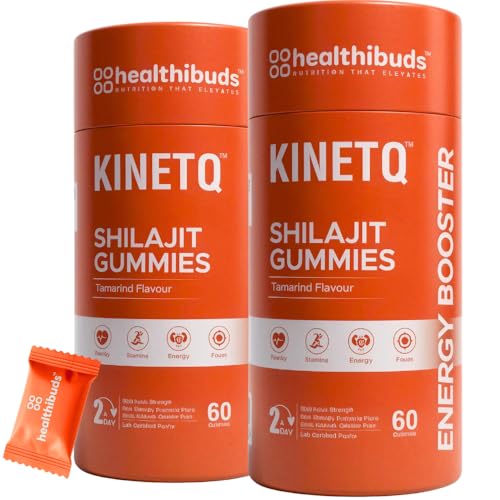 Healthibuds™ KINETQ™ Pure Himalayan Shilajit Energy Gummies 120 Count | 60 Count Pack of 2 | 200mg Shilajit/Gummy | 70%+ Fulvic Acid | No Added Sugar | Energy Stamina Testosterone Vitality | for Men Women | Tangy Tamarind Flavour | Eurofins Lab tested