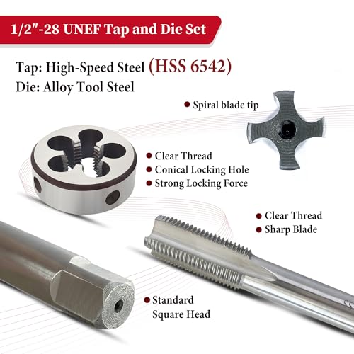 Image of 1 /2 inch-28 UNEF Tap and Die Set, HSS Right-Hand 1 /2x28 UNEF Machine Thread Tap and Round Die, 1 /2 x 28 Threading Tool Kit Suitable for Various Metals